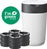 A diaper pail and refill cartridges are shown against a white background, with a green circular graphic indicating eco-friendliness. Produktbild-Vorschau