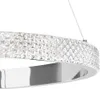 A close-up, cropped view of a modern, circular pendant light fixture with a chrome base and a band of clear, faceted crystals. Produktbild-Vorschau
