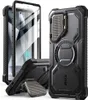A black protective phone case with a built-in screen protector and kickstand is displayed. Produktbild-Vorschau