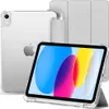 A clear protective case for an iPad is shown, with the iPad itself displaying a colorful wallpaper. A folded cover is also visible in the background. Produktbild-Vorschau