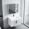 A modern bathroom vanity set with a sink and mirror mounted on a light gray wall. Produktbild-Vorschau