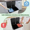 A split image showing a dual-compartment trash can being used in a kitchen setting. The top panel shows someone adding plastic bottles to one compartment, while the bottom panel shows someone adding food scraps to the other compartment. Produktbild-Vorschau