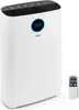A white air purifier with a digital display and a remote control.