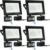Four identical LED floodlights with motion sensors are arranged in a 2x2 grid against a white background. Produktbild-Vorschau