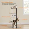 A multi-level cat tree with three cats on it, illustrating different features like a viewing platform, relaxation area, play area, and sleeping area. Náhled obrázku produktu