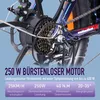 Close-up of an electric bicycle's rear wheel motor and gears with marketing text overlay. Produktbild-Vorschau
