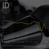 A frequency response graph for in-ear headphones overlaid on a dark, glossy background with product branding. Produktbild-Vorschau