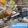 A close-up of a mini chainsaw resting on logs, with marketing text and icons overlaid. Produktbild-Vorschau