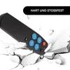 A black remote control is shown breaking through a white surface, with text overlay indicating it is hard and shockproof. Produktbild-Vorschau