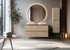 A modern bathroom with a double vanity, large round mirror with LED lighting, and a tall storage cabinet. Náhled obrázku produktu