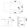 Technical drawing of a sink with dimensions and installation views. Produktbild-Vorschau