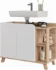 A bathroom vanity with a sink and faucet, featuring storage cabinets and open shelving. Náhled obrázku produktu