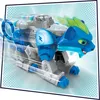 A dynamic, motion-blurred image of a blue and gray robotic cat toy with green accents, set against a light blue and white background with radiating lines. Anteprima dell’immagine prodotto