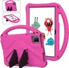 A pink tablet case with a handle and stand is shown from multiple angles, along with a tablet inside displaying cartoon monsters. Náhled obrázku produktu