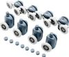 A set of shower door rollers and small gray caps arranged on a white background. Náhľad obrázku produktu