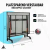 A folded table tennis table shown from the back, with dimensions and feature callouts. Produktbild-Vorschau