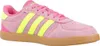 A single pink Adidas sneaker with yellow stripes and a brown sole is shown against a white background. Produktbild-Vorschau