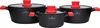 Three black pots with red lids and handles are arranged on a white background. Náhled obrázku produktu