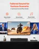A soundbar is shown in front of three screens displaying different content, with icons and text above explaining sound modes. Produktbild-Vorschau
