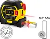 A laser distance measurer with a tape measure extended, showing laser beams and battery information. Produktbild-Vorschau