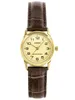 A close-up studio shot of a women's analog wristwatch with a gold-tone case and a cream-colored dial, featuring a brown leather strap. Produktbild-Vorschau
