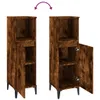 Two identical tall, narrow cabinets with a wood grain finish are shown side-by-side against a white background. The cabinet on the right has its door open, revealing shelves inside. A purple curved arrow with two arrowheads points from the top of the left  Produktbild-Vorschau