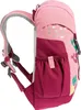 Side view of a pink children's backpack with a raspberry-colored bottom and straps, featuring a playful sea-creature print. Podgląd zdjęcia produktu