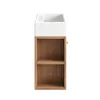 A white ceramic sink is mounted on top of a wooden cabinet with two open shelves. Podgląd zdjęcia produktu