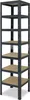 A tall, gray metal shelving unit with wooden shelves against a white background. Podgląd zdjęcia produktu