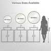 Illustration showing different sizes of round mirrors above sinks, with a silhouette of a person for scale. Produktbild-Vorschau