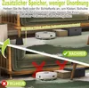 A split image showing the use of furniture risers to create storage space under a sofa, with a comparison of 'before' and 'after' scenarios. Produktbild-Vorschau