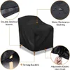 A black outdoor chair cover is shown with callouts highlighting its features. Produktbild-Vorschau