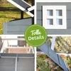 A collage of four close-up images showing details of a chicken coop, including a ramp, a window, and the interior structure. Produktbild-Vorschau