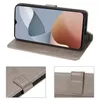A collage of images showing a gray flip case for a ZTE Blade A34 phone, with close-ups of the case's details. Produktbild-Vorschau