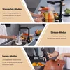 Collage of three images showing different modes of a black kitchen faucet, with text descriptions of each mode. Náhled obrázku produktu