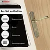 A door handle set is shown with a list of included items. Produktbild-Vorschau