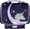 A dark blue school backpack with a unicorn and moon design. Produktbild-Vorschau