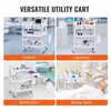 A collage of four images showing a utility cart in different settings: a hospital, a laboratory, a dental clinic, and a beauty salon. Produktbild-Vorschau
