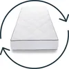 A white mattress with a diamond pattern is shown from the side, surrounded by a circular arrow graphic. Produktbild-Vorschau