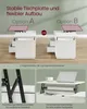 Two configurations of a white coffee table are shown, with close-ups of its features. Produktbild-Vorschau