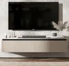 A modern TV stand with a wall-mounted TV above it. Produktbild-Vorschau