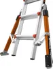 Close-up view of the lower section of an orange and silver multi-purpose ladder against a white background. Podgląd zdjęcia produktu