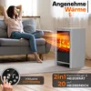 A woman relaxing on a couch in a living room, with a fireplace heater emitting heat. Produktbild-Vorschau