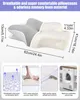 A diagram of an ergonomic pillow with dimensions and feature callouts, along with four smaller images showcasing fabric, material, zipper, and a washing machine. Produktbild-Vorschau