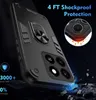 A black phone case with a ring holder is shown from a low angle, with debris and blue light effects around the bottom, suggesting durability and protection. Produktbild-Vorschau