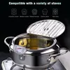 A deep fryer pot with a thermometer is shown on a stove, with icons indicating compatibility with various stove types. Podgląd zdjęcia produktu