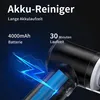 Close-up marketing image of a black handheld vacuum cleaner, highlighting its battery and runtime features with text overlays and graphics. Produktbild-Vorschau