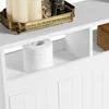 A close-up view of a white bathroom cabinet, showing a roll of toilet paper on an open shelf and a decorative tray with candles and a bottle on the shelf above. Produktbild-Vorschau