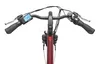 A close-up, top-down view of the handlebars and front of a red electric bicycle against a white background. Produktbild-Vorschau