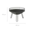 A black metal fire pit with three legs and a mesh screen around the top, shown from a slightly elevated side angle. Dimensions are indicated with lines and text. Náhľad obrázku produktu